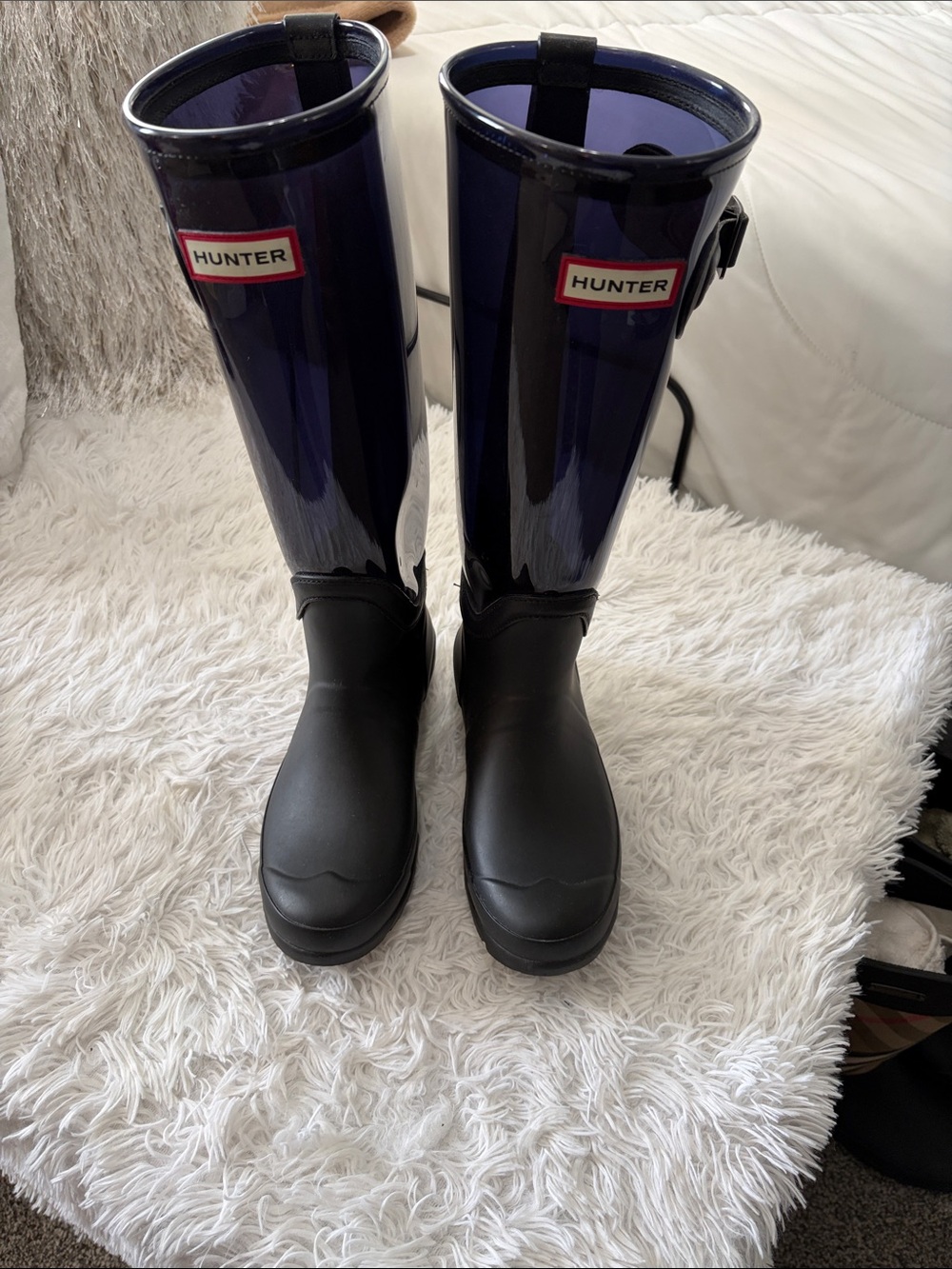 Hunter Women's Navy Shaft with Black Foot Tall Gloss Rain Boots